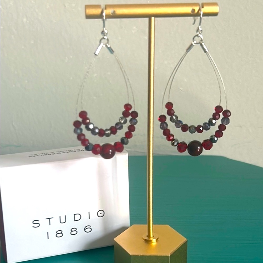 New Studio 1886 Red and Blue Wire Teardrop Dangle Earrings with Beaded Details